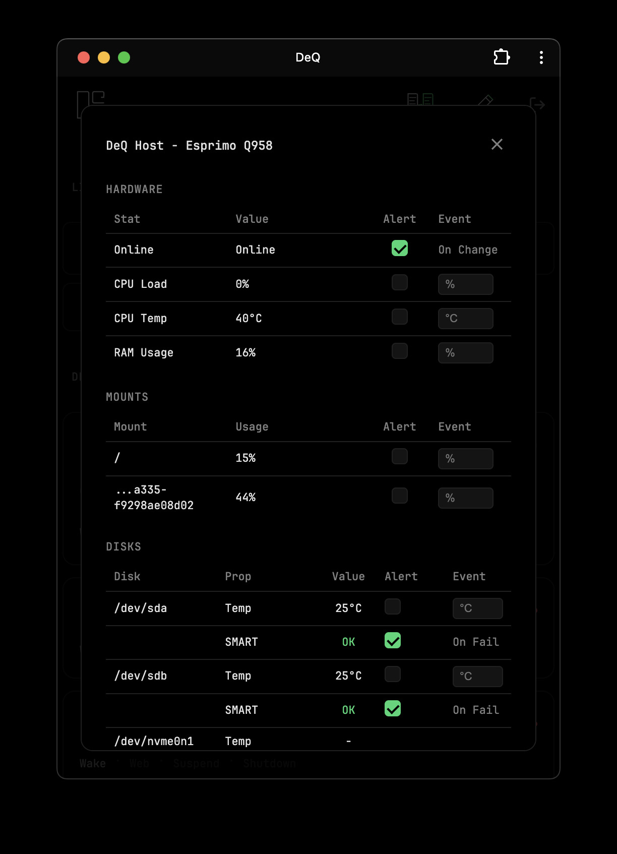 DeQ Device Stats Panel with Alert Configuration