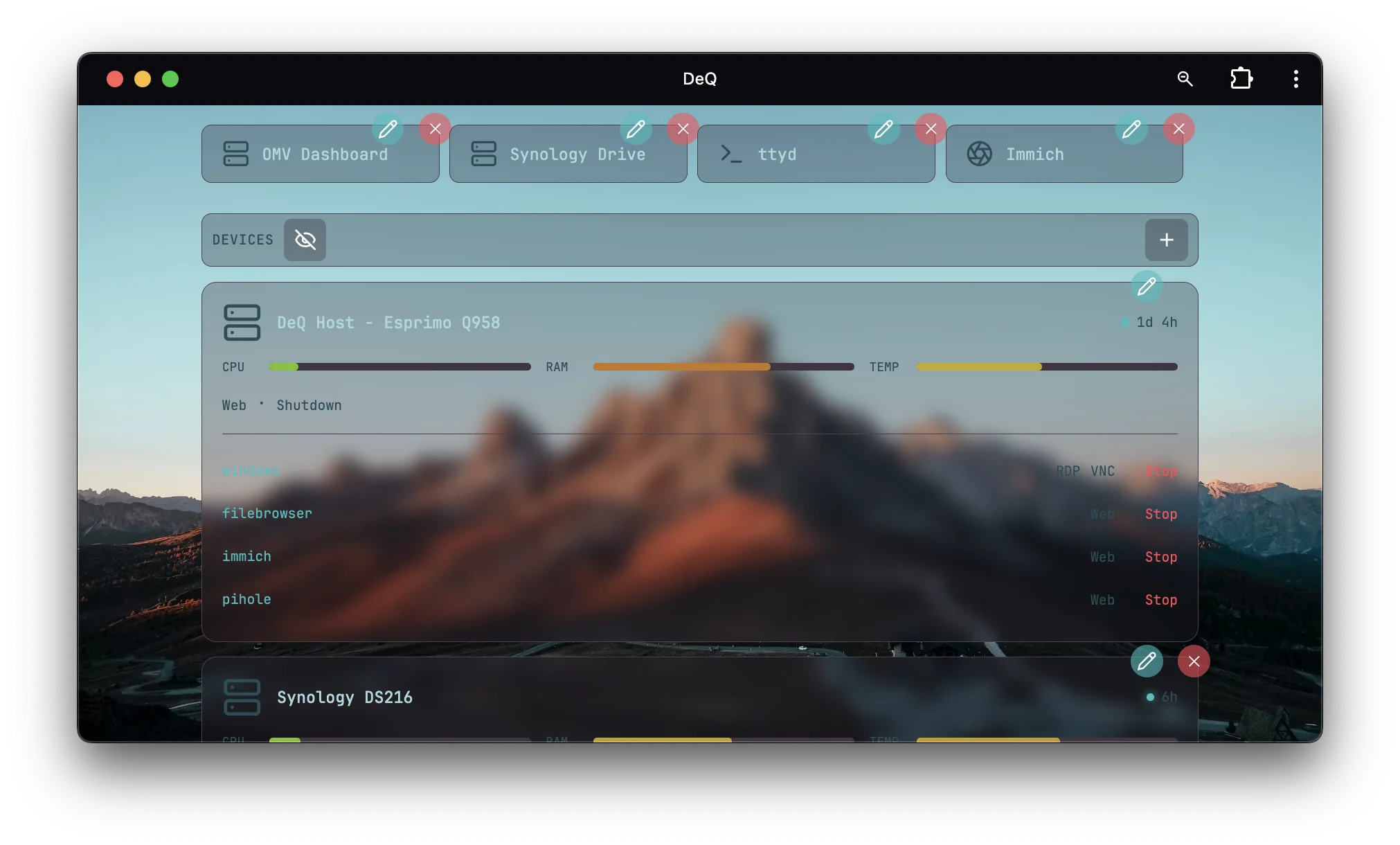 DeQ edit mode for adding and managing devices, links, and tasks