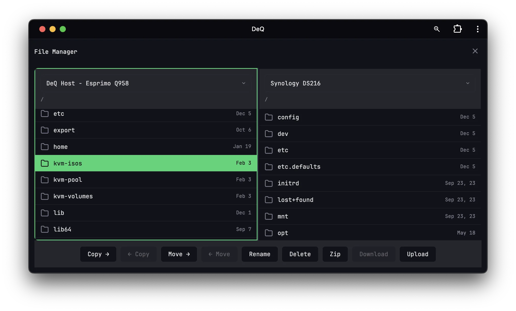 DeQ dual-pane file manager with drag and drop support