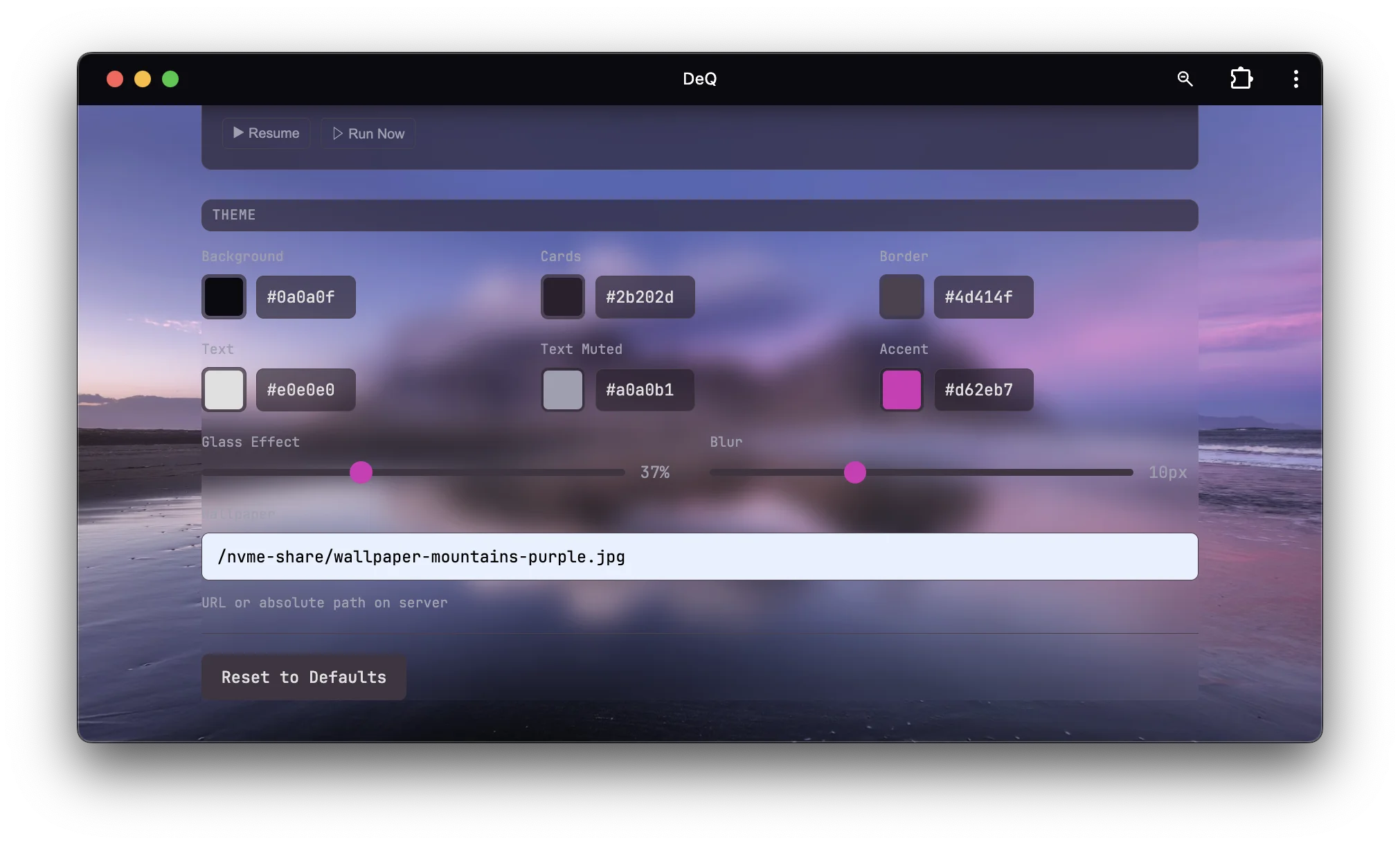 DeQ theming options with color picker and glass effects